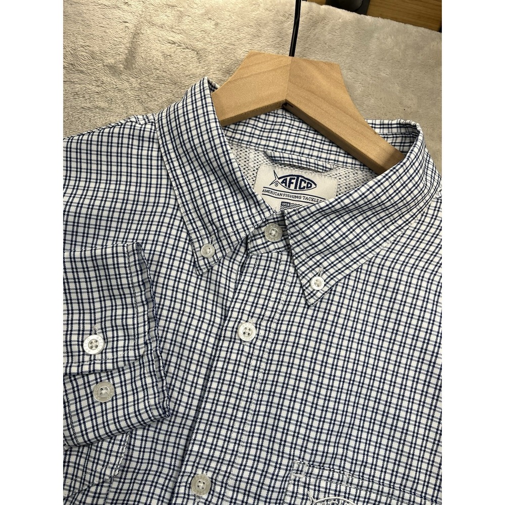AFTCO Tech Fishing Men Sirus Blue Plaid Vented Long Sleeve Shirt Men's Size S
